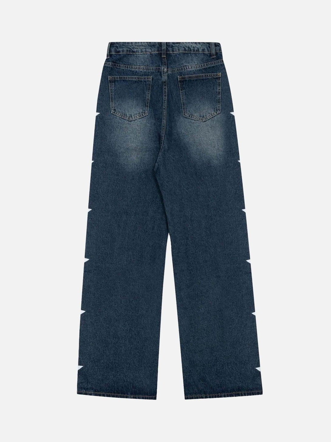Back view of vintage star denim pants by TALISHKO, showcasing unique side pattern.