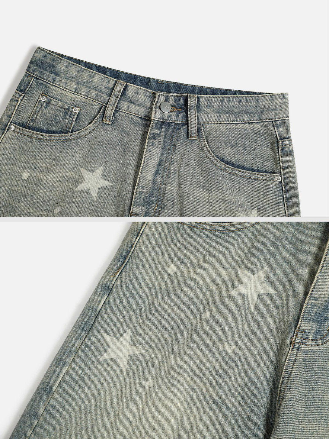 Star pattern details on TALISHKO vintage jorts, highlighting unique denim texture.