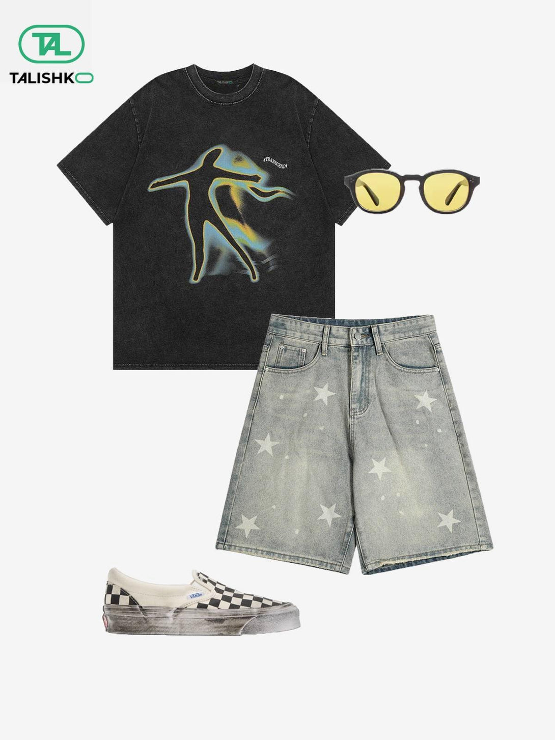 Casual summer outfit featuring TALISHKO vintage star jorts, graphic tee, and checkered sneakers.