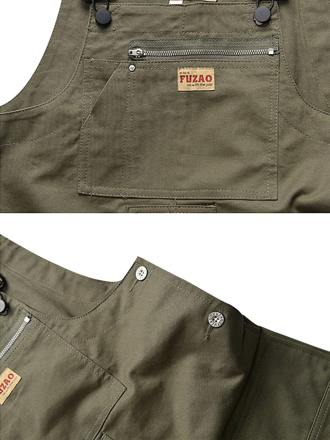 Intricate look at TALISHKO olive men's overalls, highlighting detailed pockets and stitching.