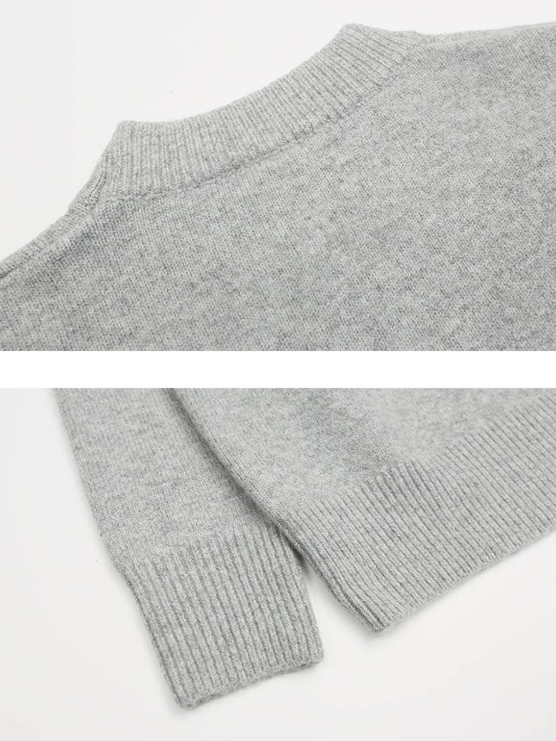 Detailed view of the gray TALISHKO sweater's ribbed neckline and cuff texture.