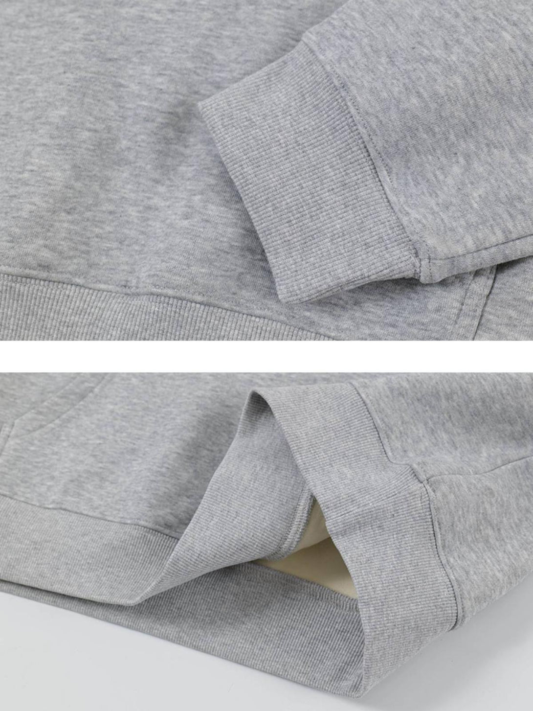Detailed fabric and stitching of the gray TALISHKO hoodie, emphasizing minimalistic quality.
