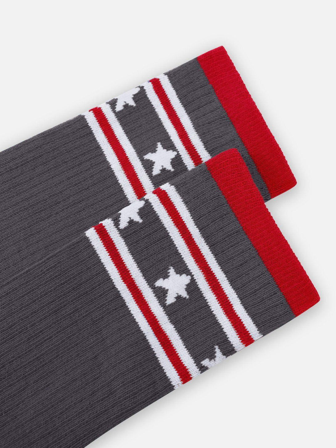 TALISHKO socks featuring a vintage star and stripe design, highlighted in a gray and red palette.
