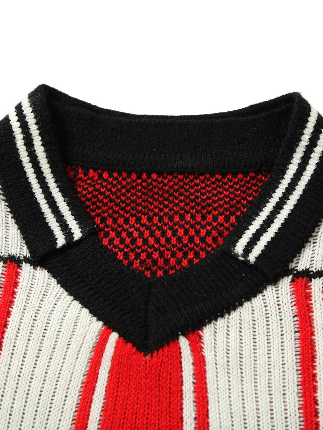 A detailed view of the TALISHKO vintage striped knit sweater's collar and texture in red and white.