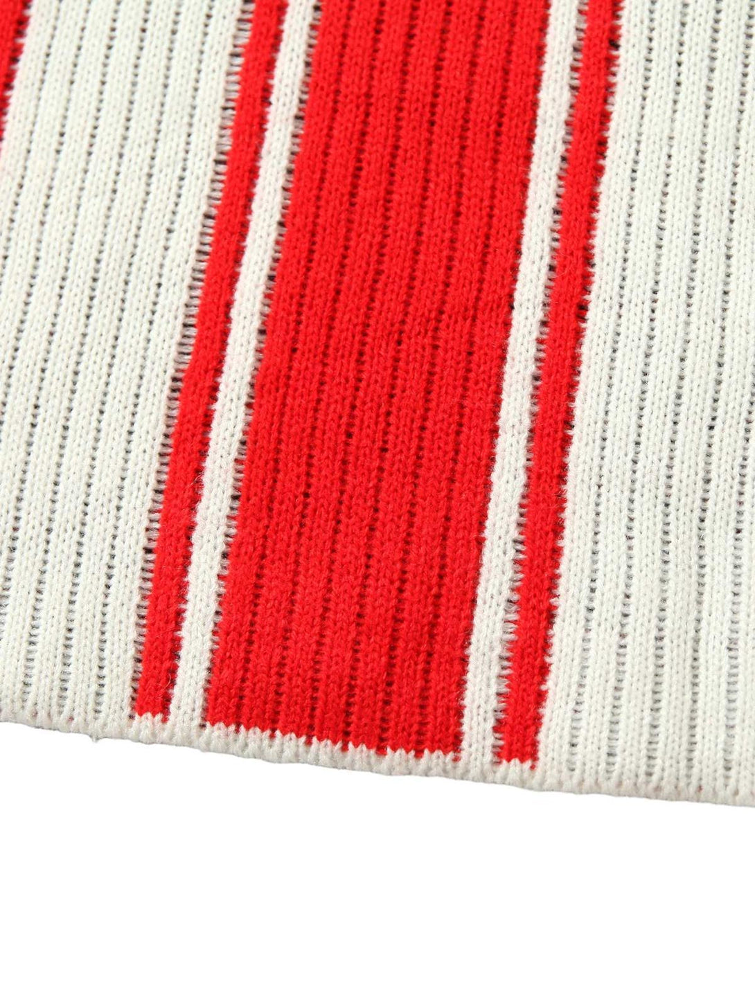 A tight crop highlighting the red and white ribbed texture of the TALISHKO vintage striped sweater.