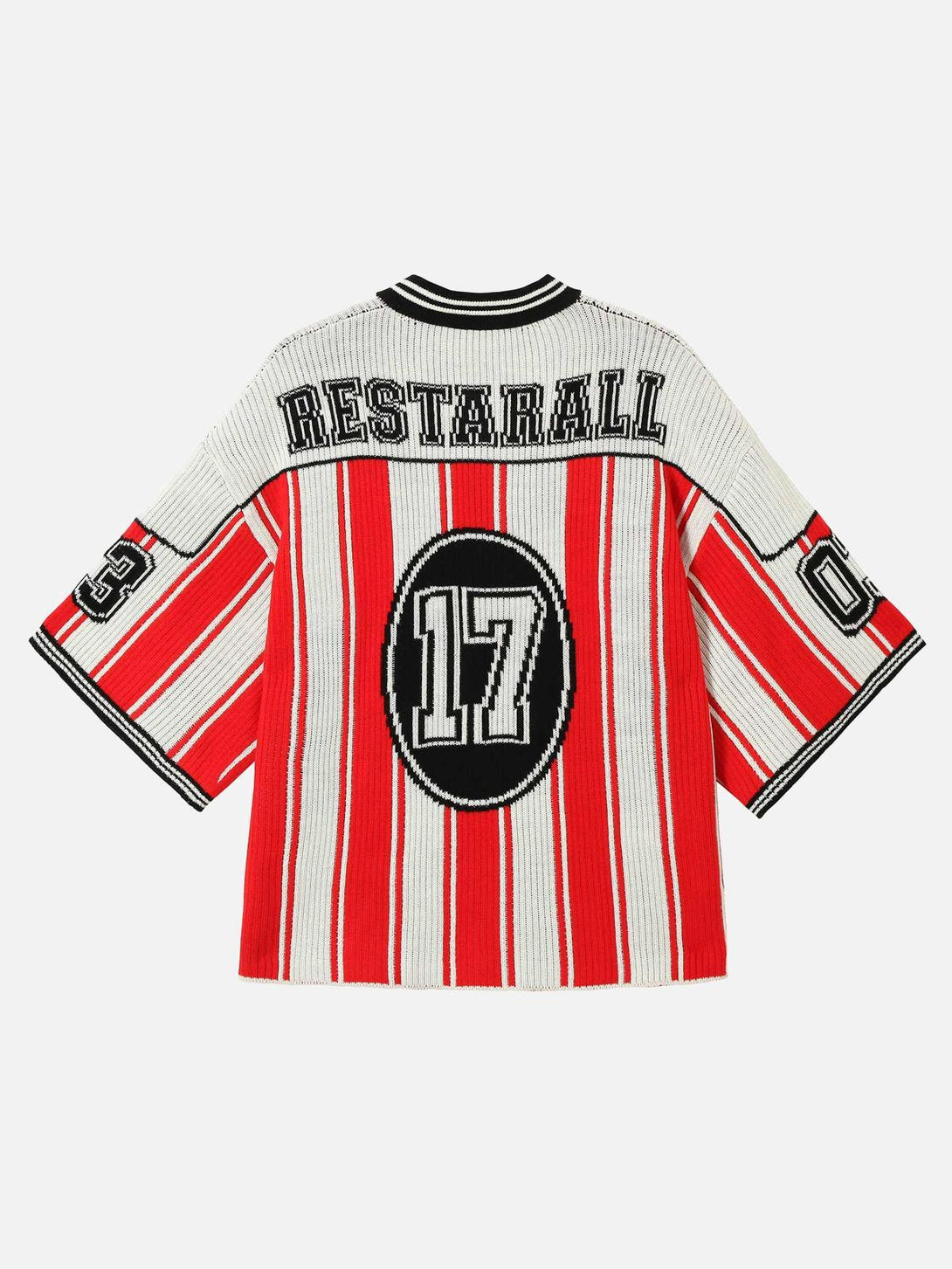 Back view of a TALISHKO vintage striped knit sweater with sporty numbers and bold red accents.