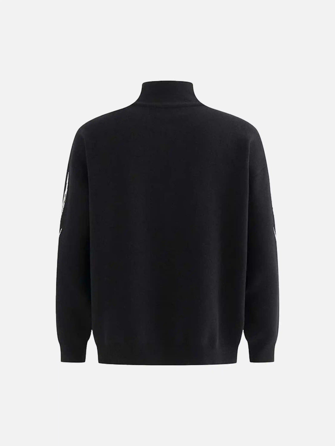 Back view of a black vintage stand collar cardigan by TALISHKO, showcasing sleek design.