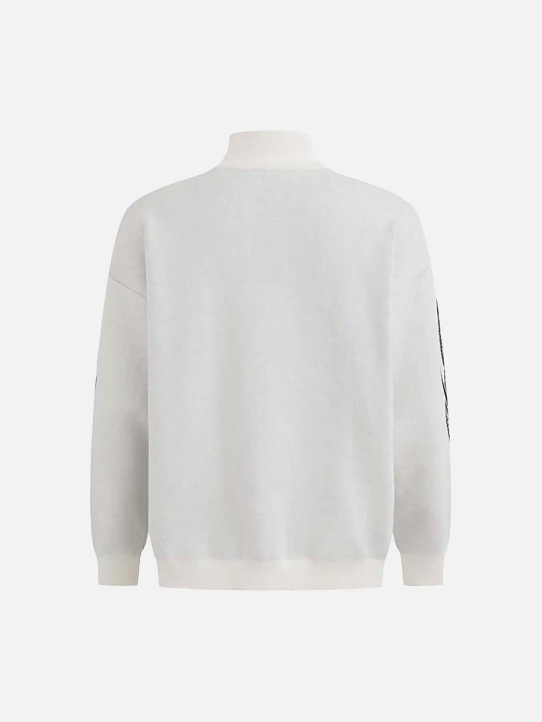 Back view of a white vintage stand collar cardigan by TALISHKO, highlighting minimalist style.