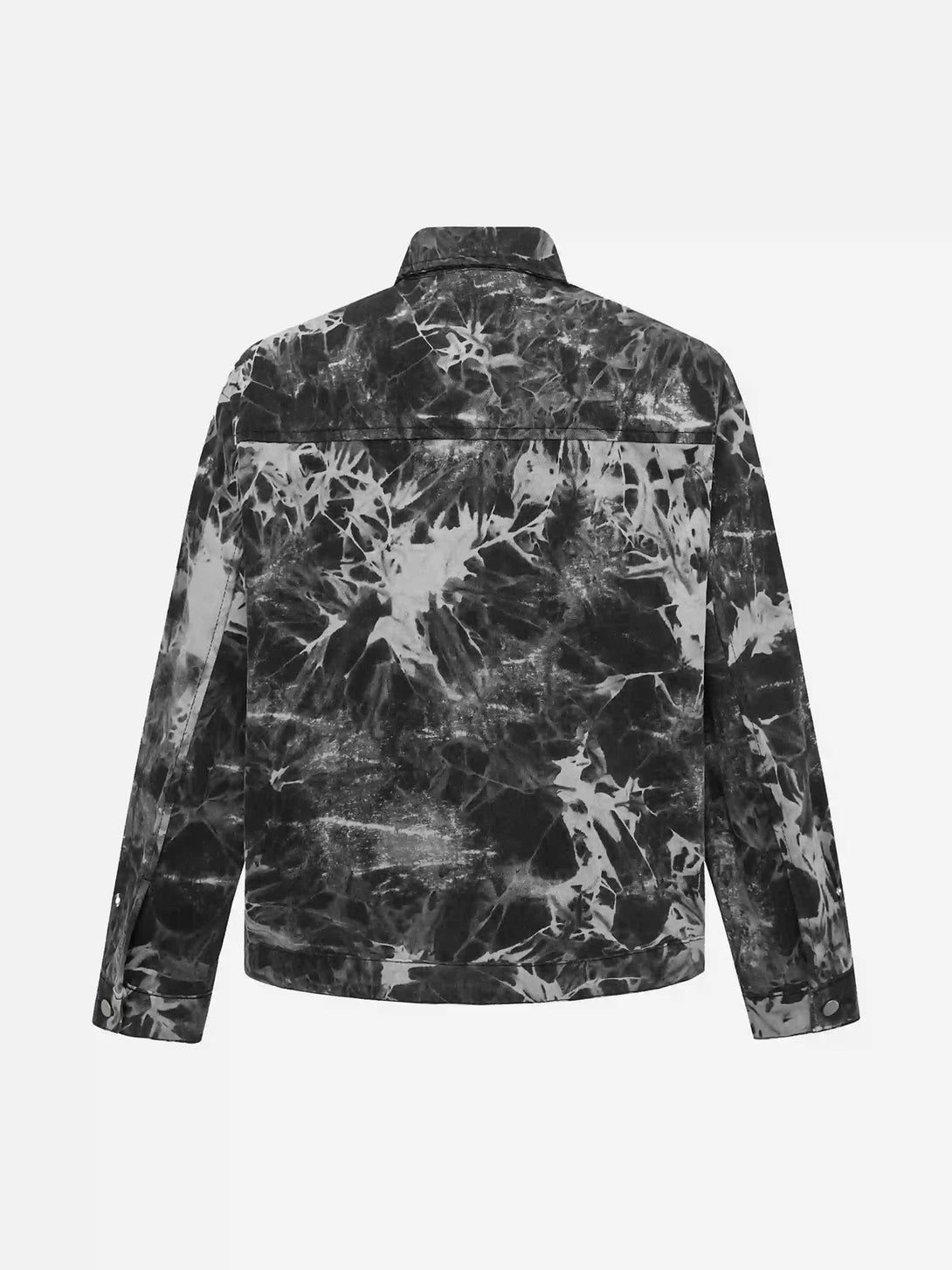 Back view of TALISHKO's vintage tie-dye denim jacket showcasing unique patterns and style.