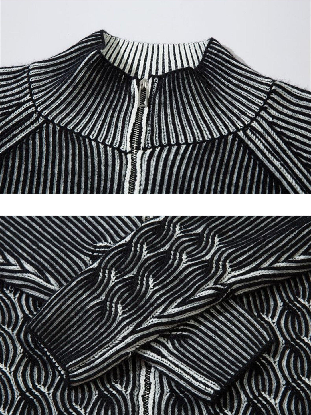 Intricate look at a vintage turtleneck zipper cardigan by TALISHKO, highlighting unique patterns.