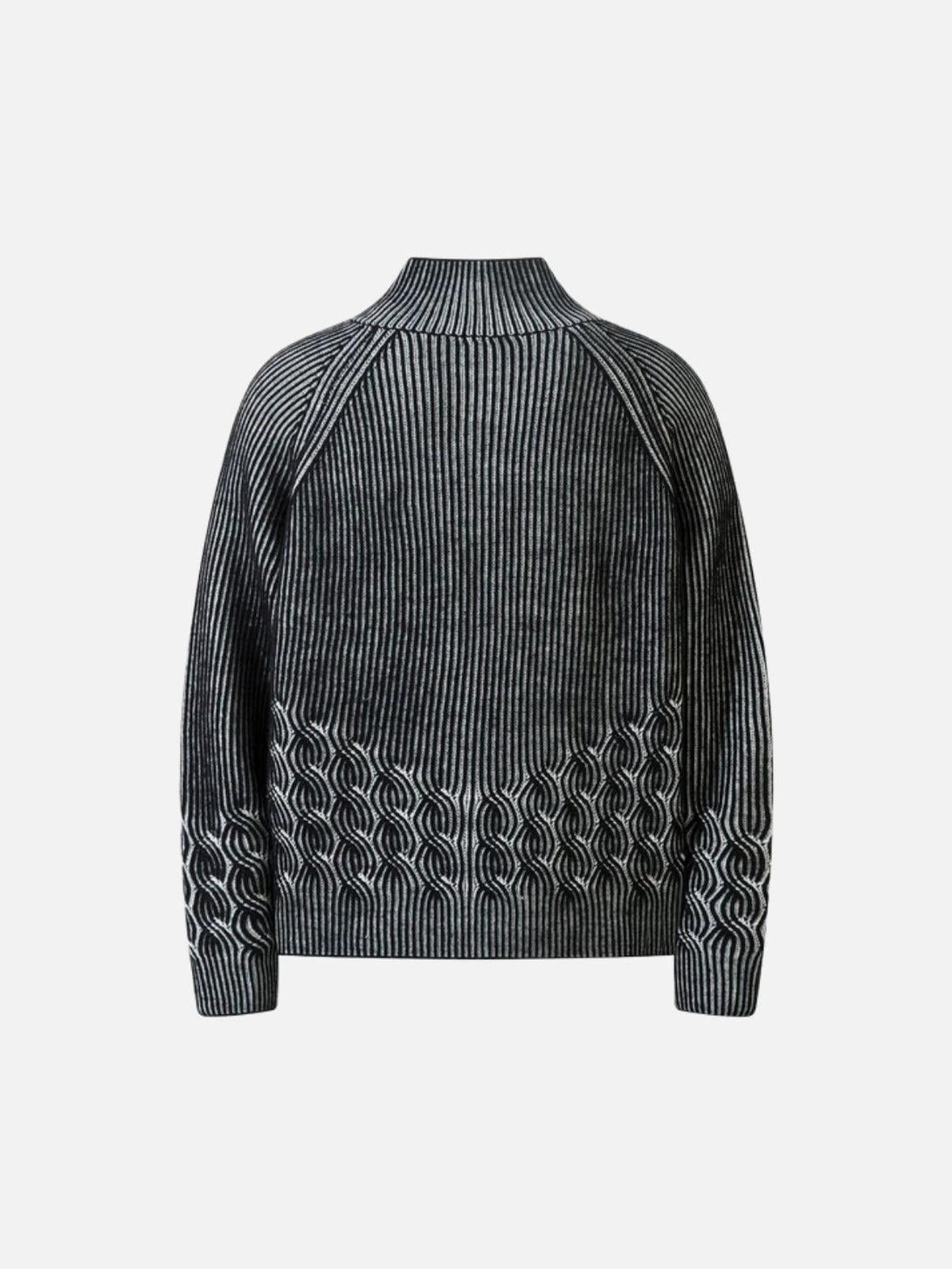 Back view of a vintage turtleneck zipper cardigan by TALISHKO, showcasing intricate patterns.
