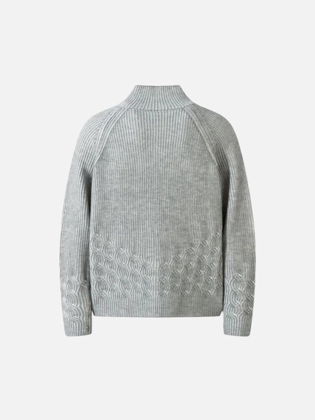 Back view of a gray vintage turtleneck zipper cardigan by TALISHKO, featuring intricate knit details.