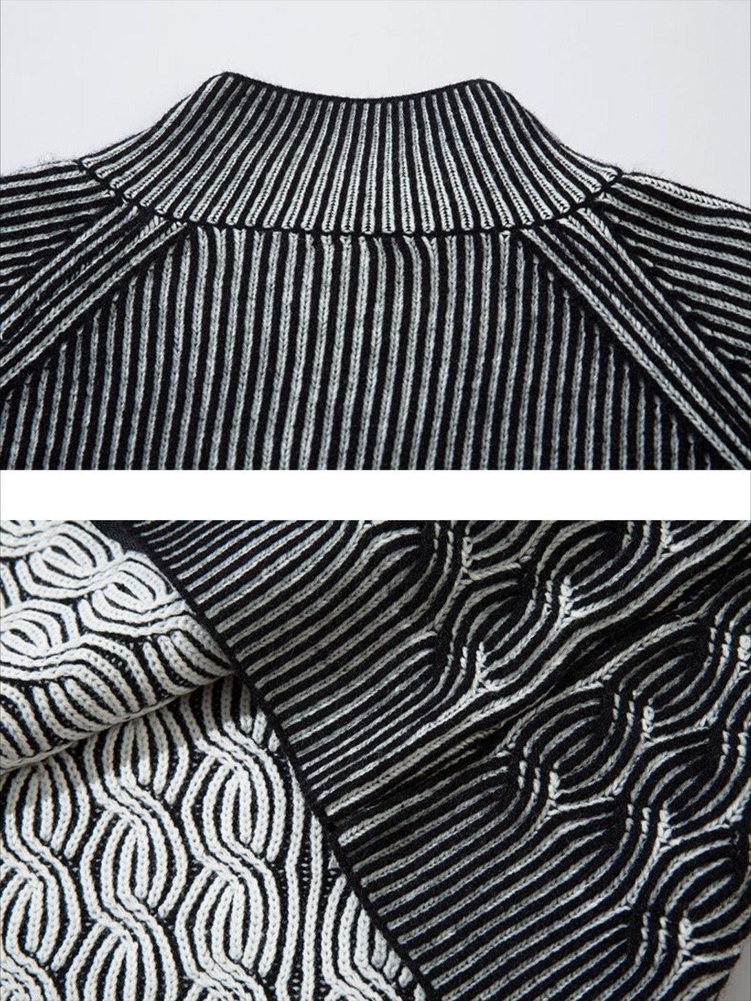 Detailed fabric and stitching of a TALISHKO vintage turtleneck zipper cardigan, showcasing unique patterns.