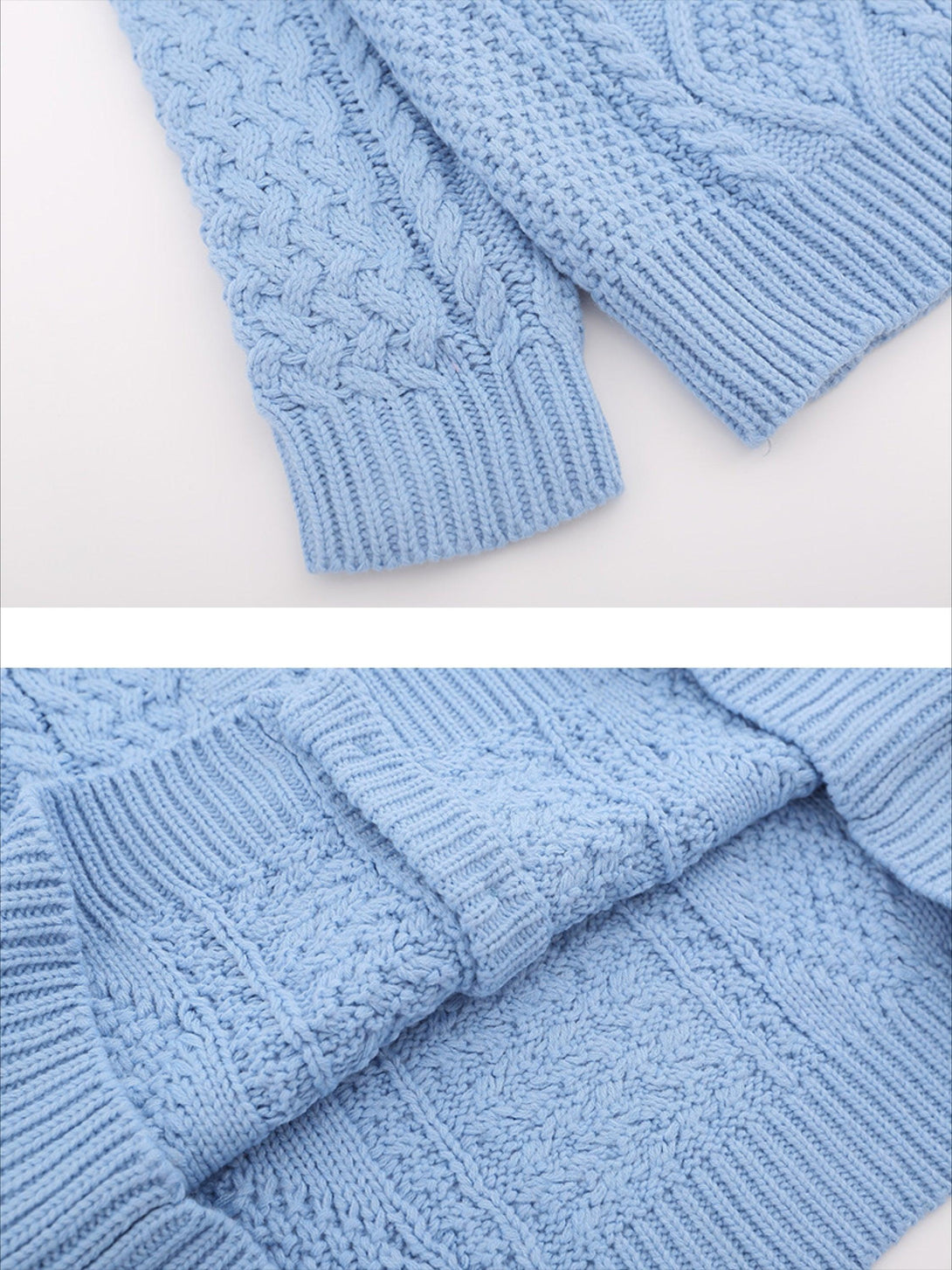 Intricate look at the cable knit sleeves and hem of a blue vintage twist cardigan by TALISHKO.