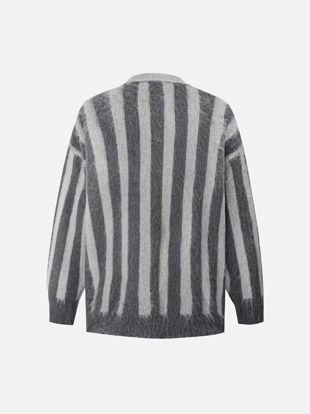Back view of gray striped sweater by TALISHKO, showcasing vintage design and cozy texture.