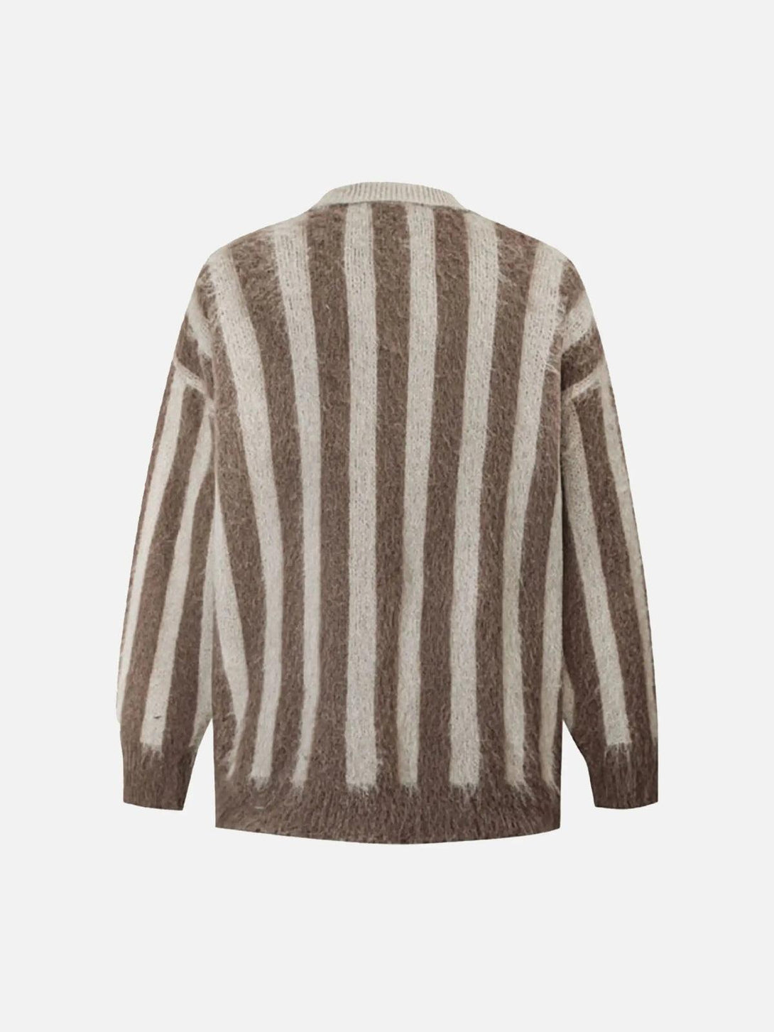 Back view of brown vintage striped sweater with polo collar by TALISHKO, highlighting cozy charm.