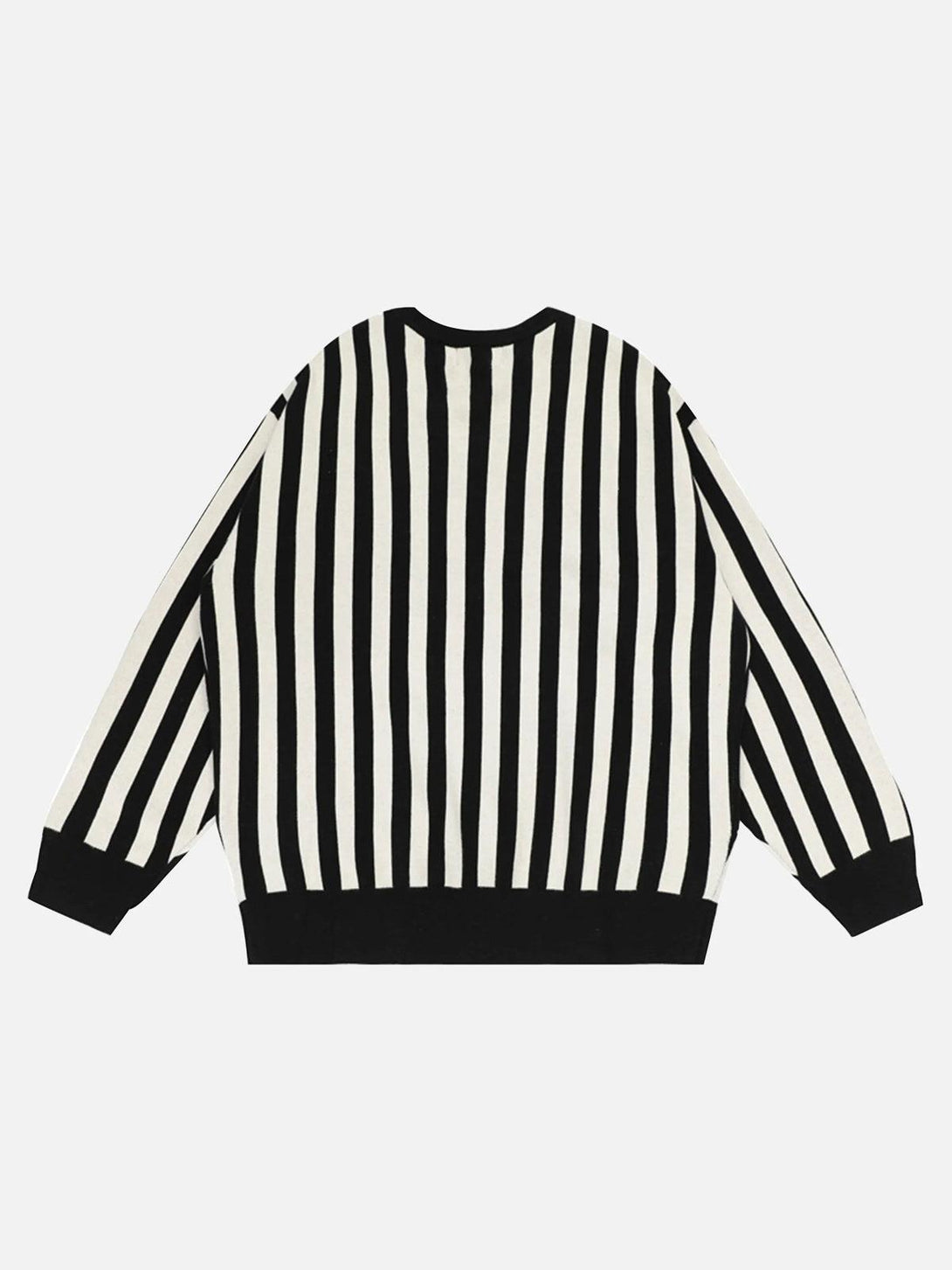 Back view of a black and white striped sweater by TALISHKO, offering a classic preppy look.