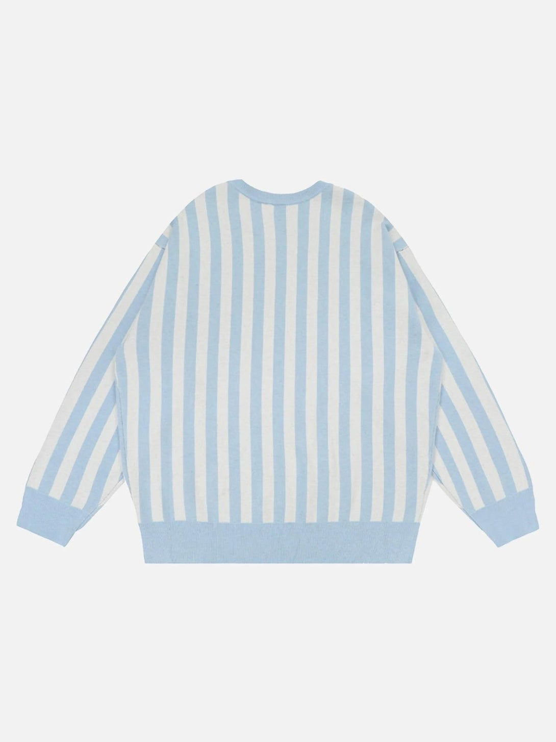 Back view of a blue and white striped sweater by TALISHKO, exuding a vintage preppy charm.