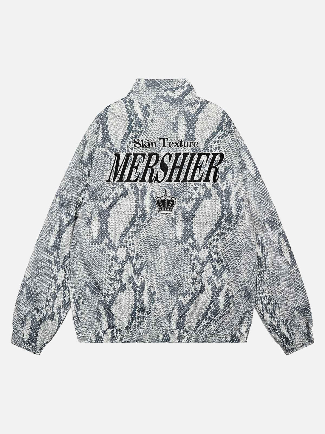 Back view of a gray snakeskin print windbreaker jacket by TALISHKO, showcasing bold style.