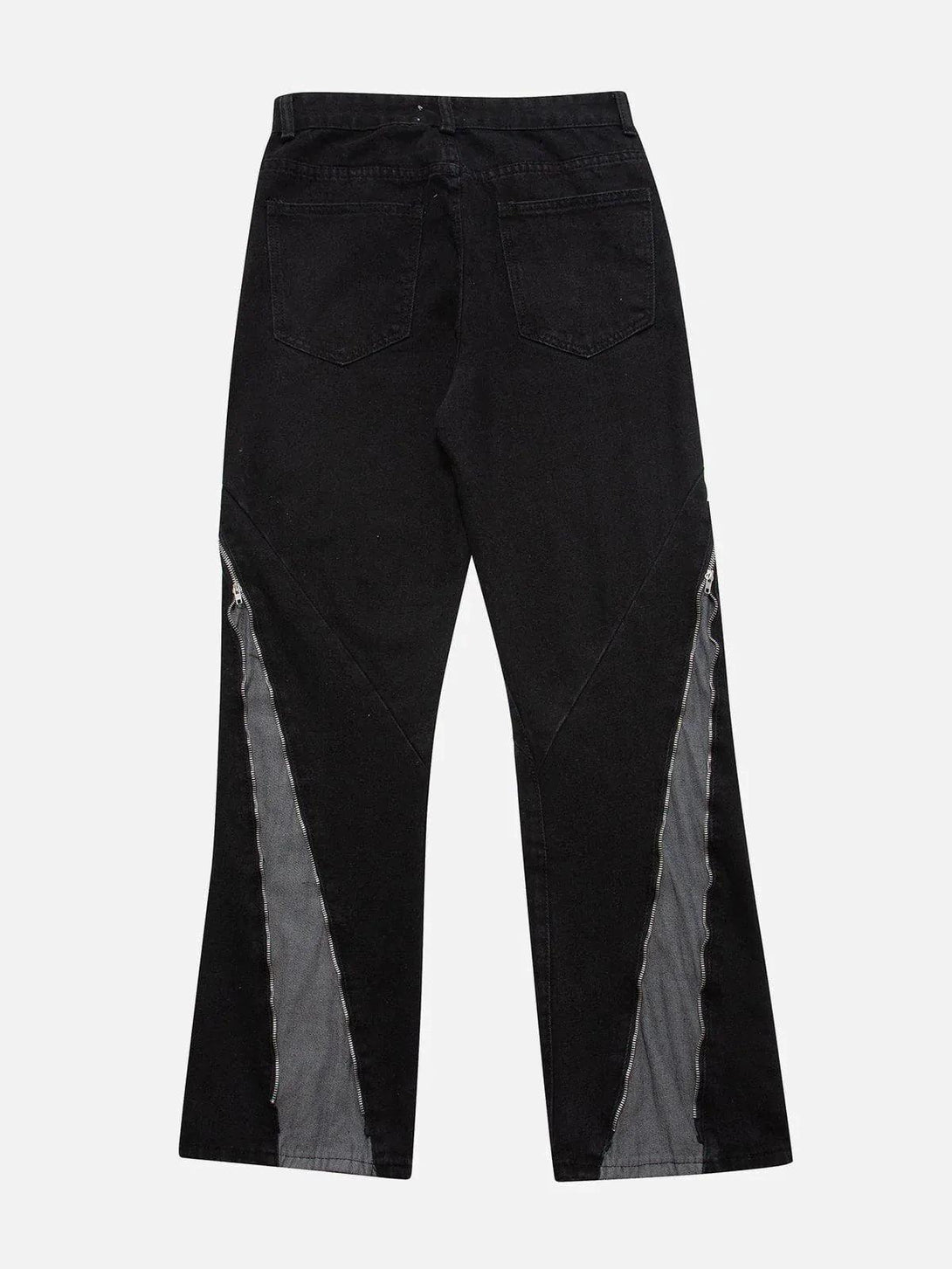 Back view of TALISHKO vintage wash jeans with contrasting side panels and classic pockets.