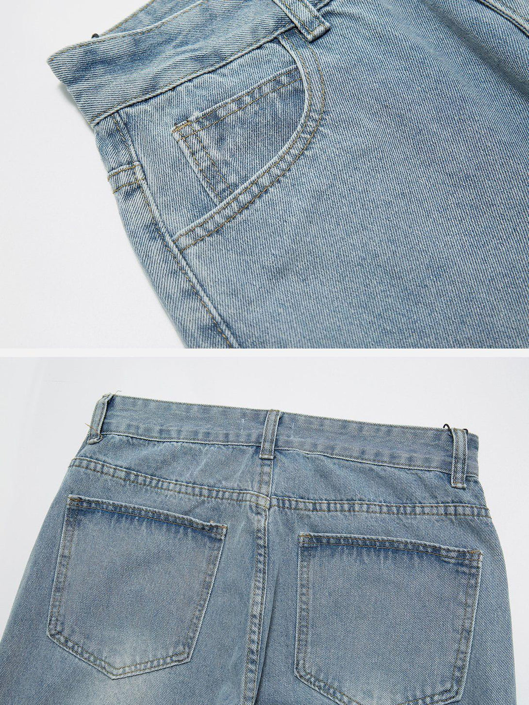 Intricate look at TALISHKO's vintage wash jeans, highlighting back pockets and stitching.
