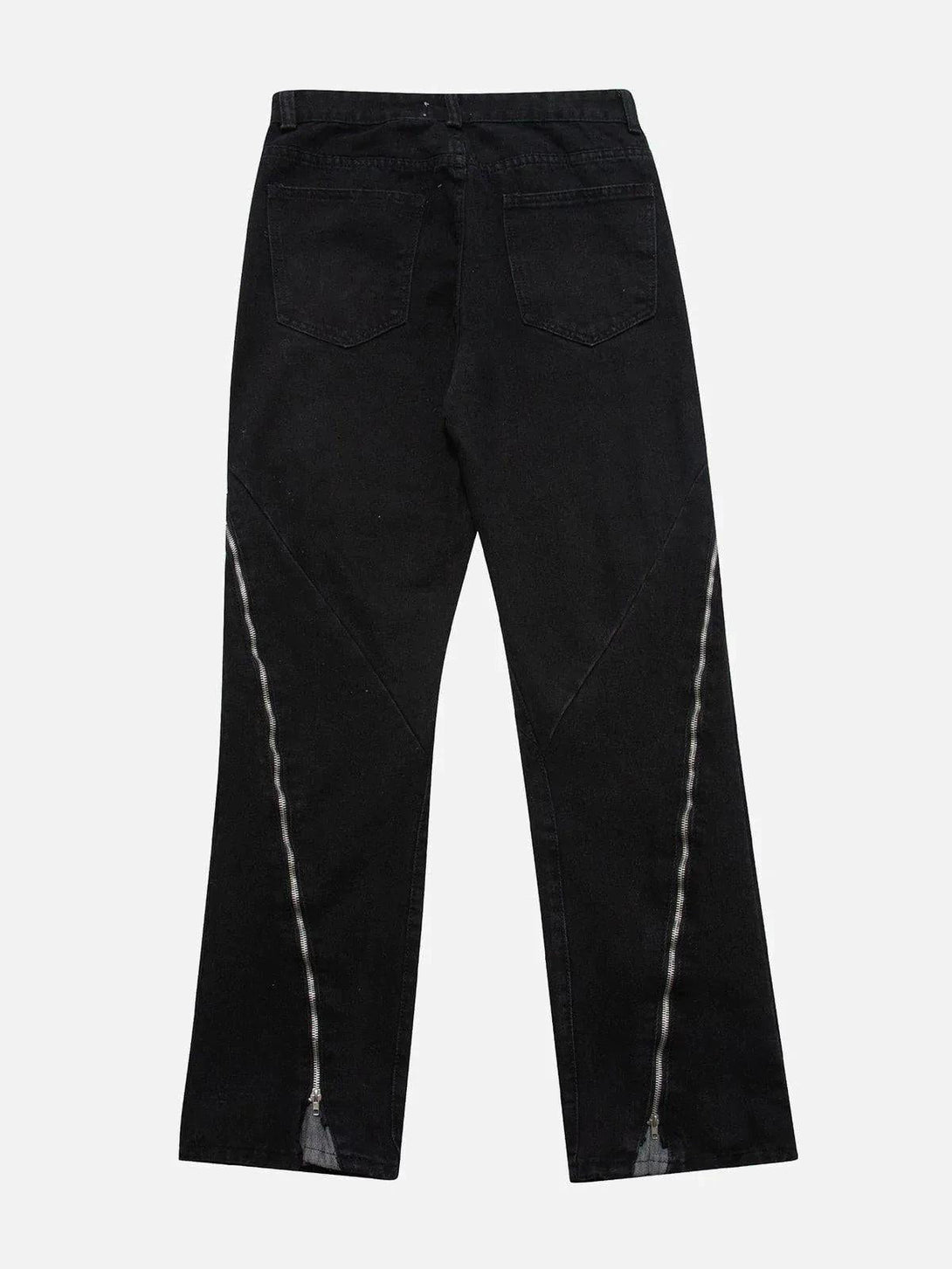Back view of black TALISHKO vintage wash jeans featuring sleek side zippers for added flair.