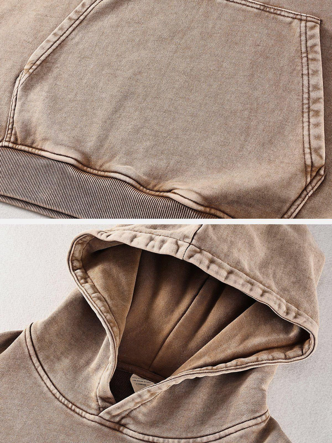 Intricate look at TALISHKO's vintage wash hoodie, focusing on pocket and hood details.