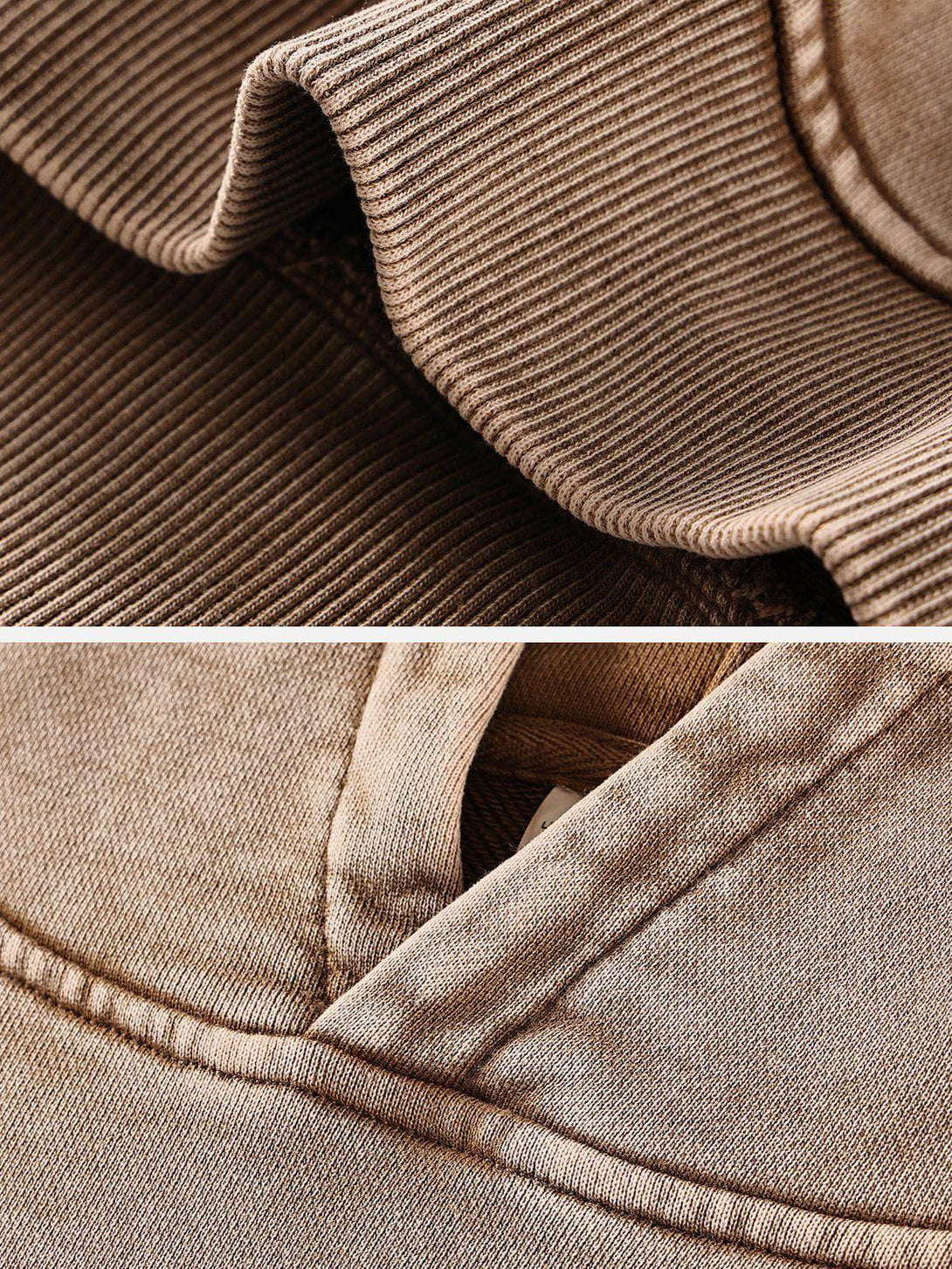 Intricate look at TALISHKO's vintage wash distressed hoodie fabric and stitching details.
