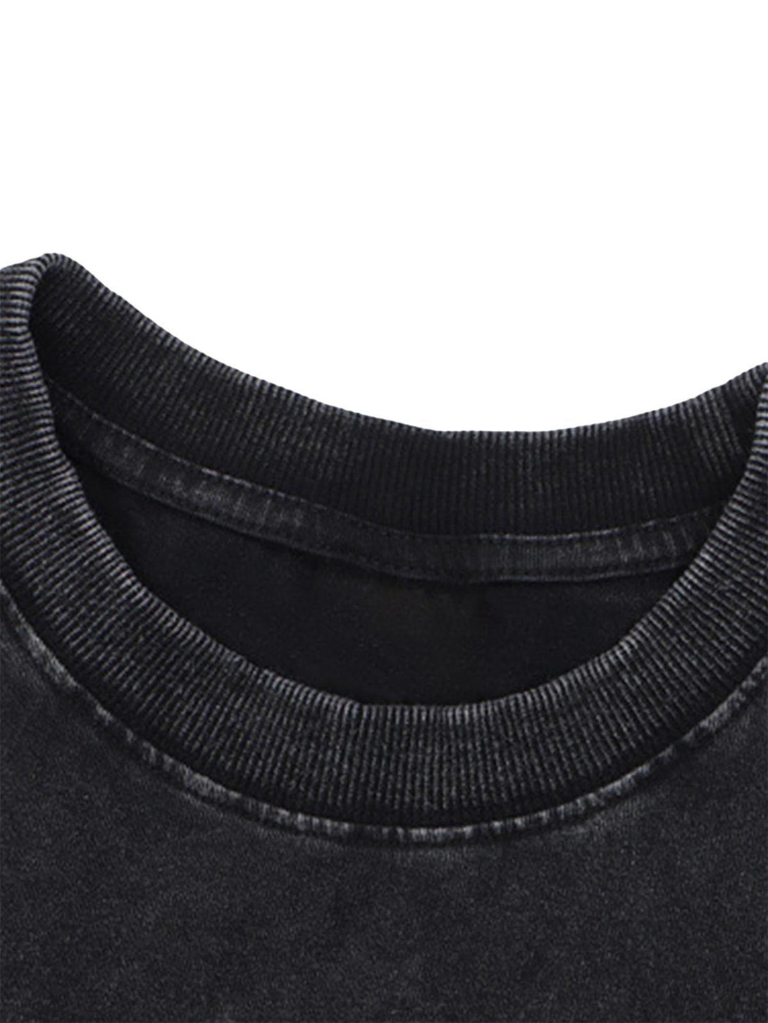 A tight crop highlighting the vintage neckline texture of a washed T-shirt by TALISHKO.