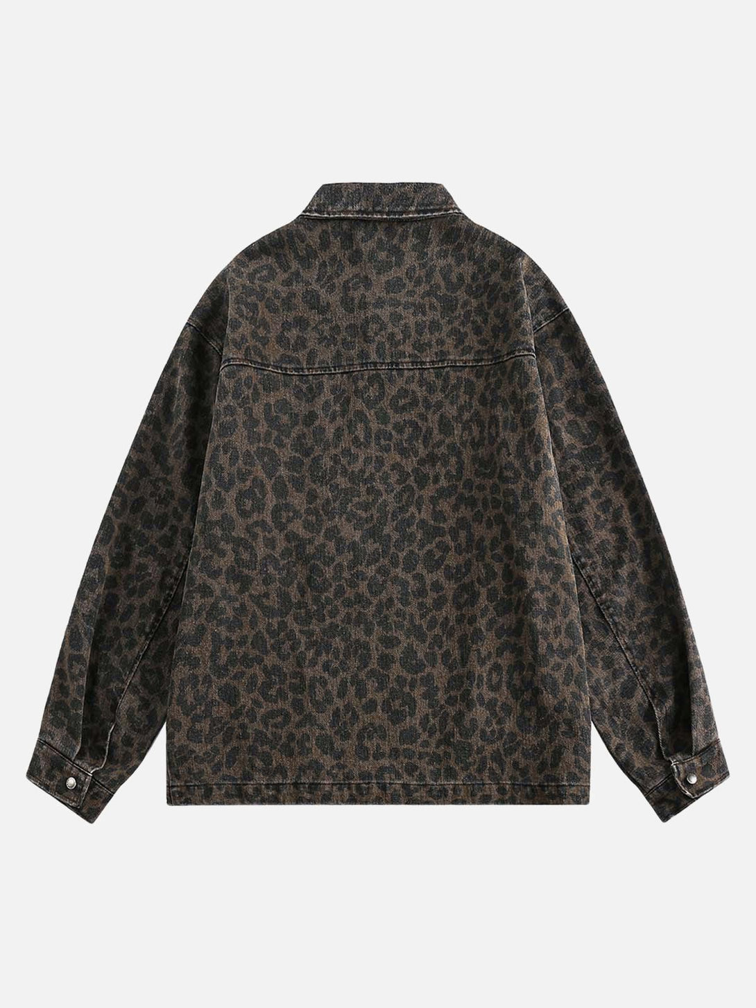 Back view of a cheetah print denim jacket by TALISHKO, showcasing vintage washed design.