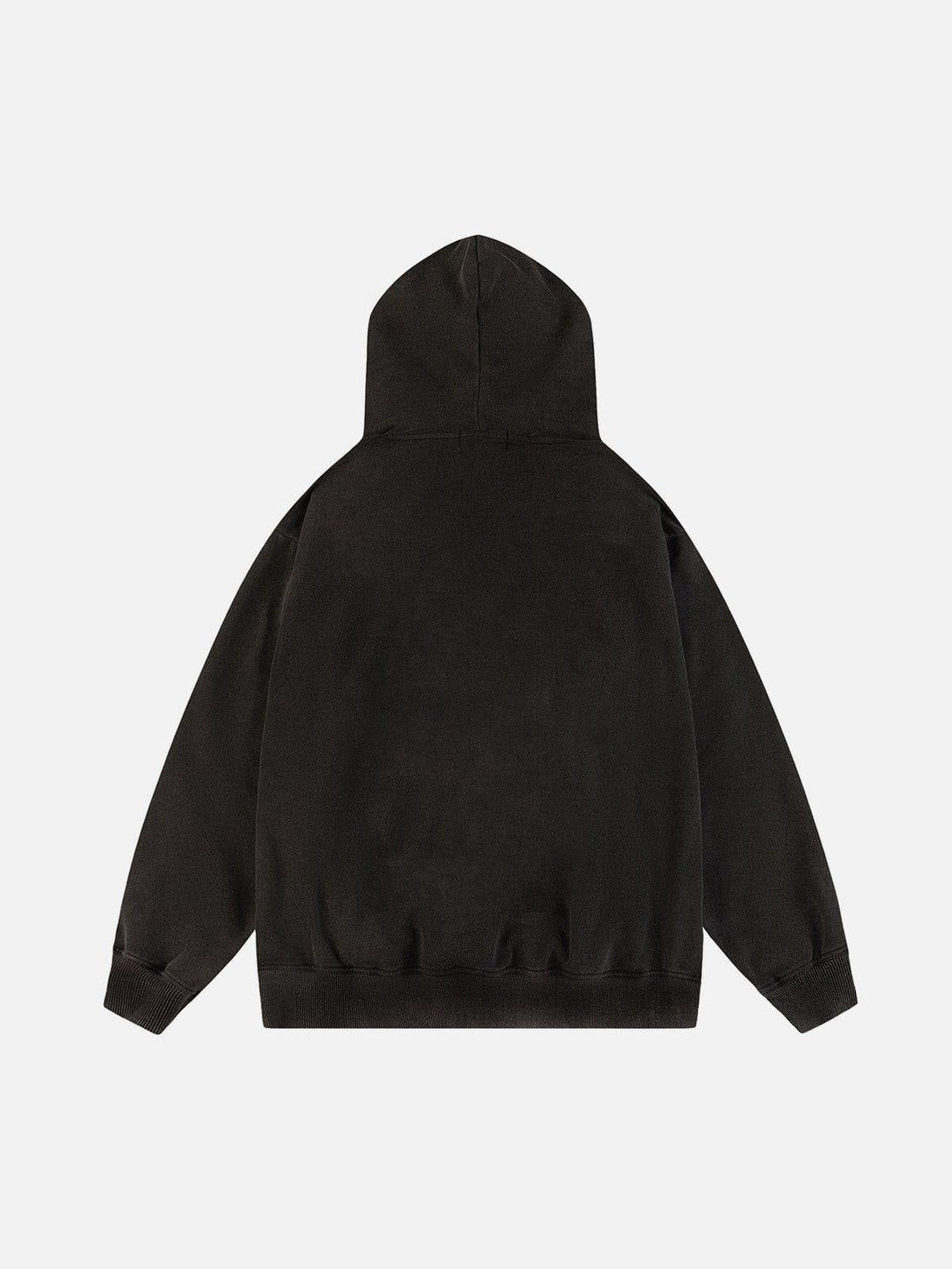 Back view of TALISHKO vintage washed dark hoodie, showcasing minimalist design and relaxed fit.