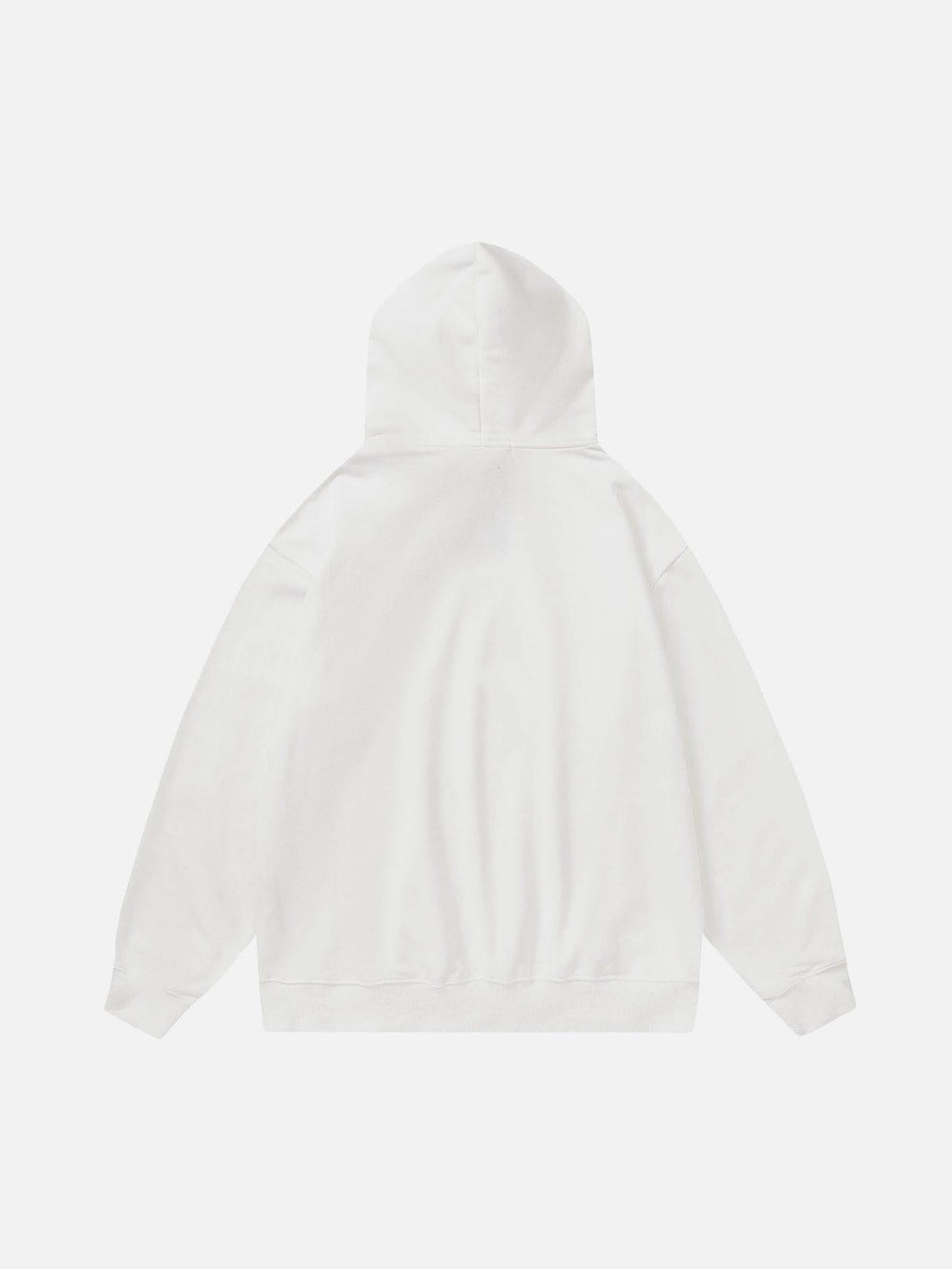Back view of white TALISHKO hoodie, highlighting its minimalist design and cozy fit.
