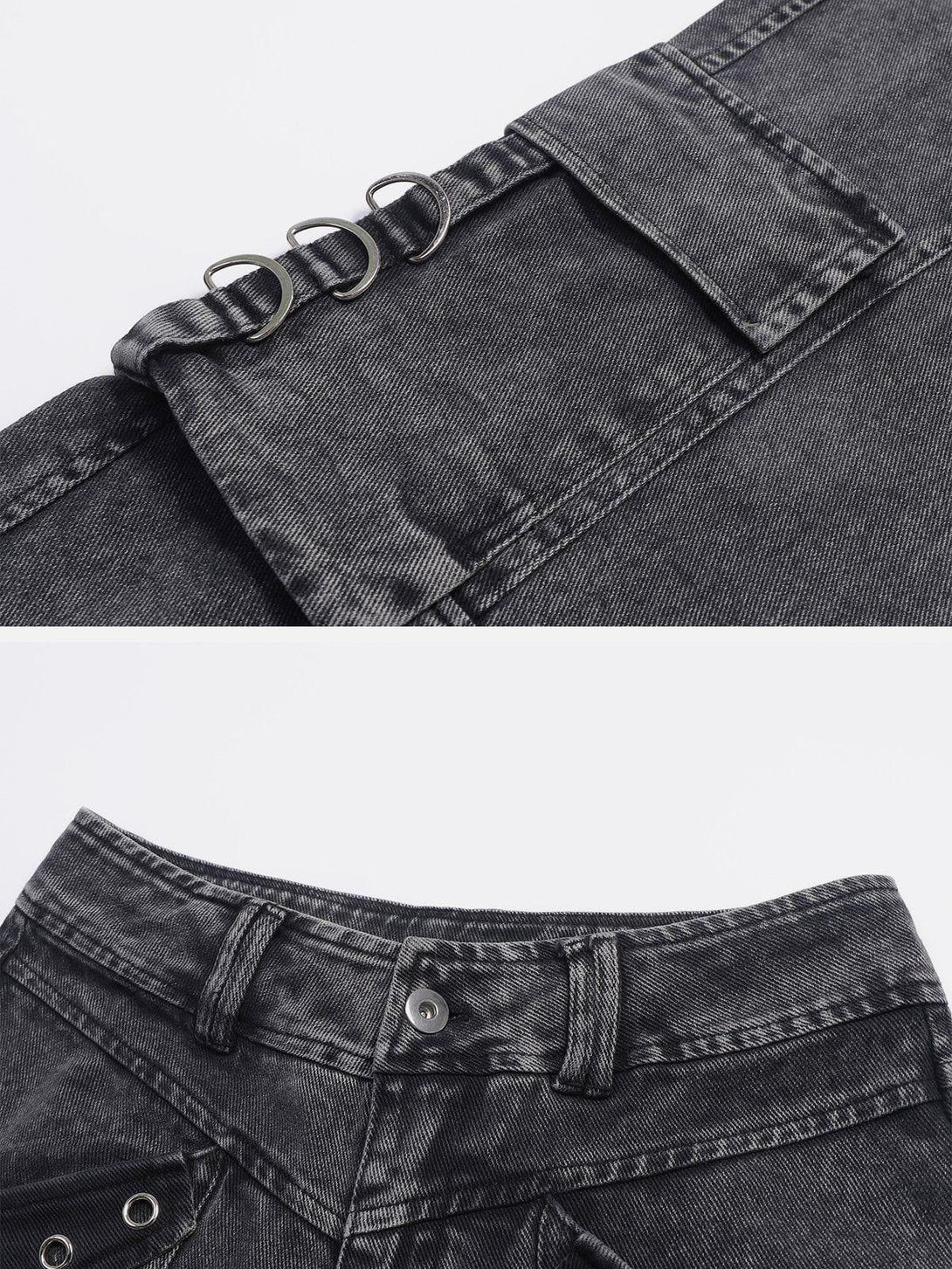 Focusing on metal ring details of TALISHKO vintage washed denim cargo jeans for a stylish edge.
