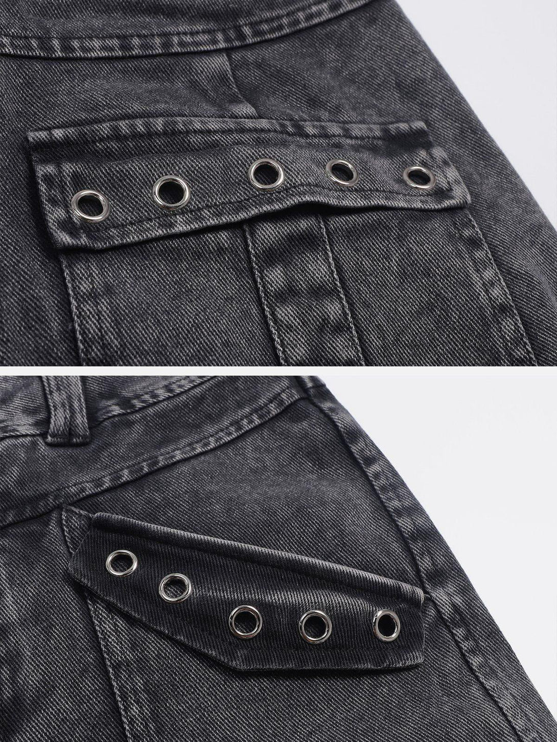 Intricate look at TALISHKO vintage washed denim cargo jeans highlighting grommet pocket design.
