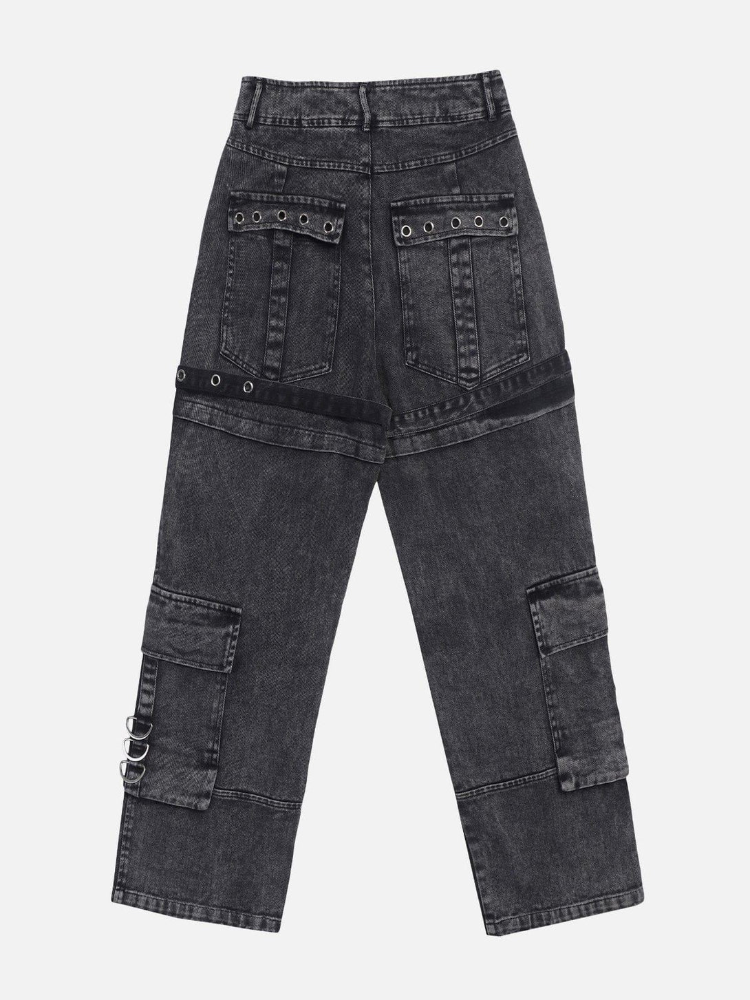Back view of TALISHKO vintage washed denim cargo jeans with unique grommet and pocket details.