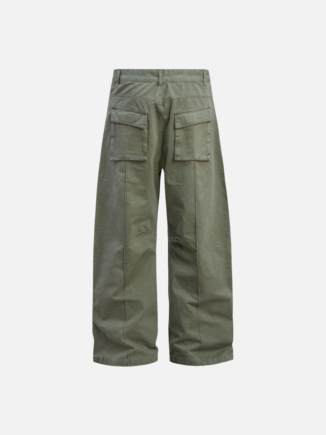 Back view of green cargo pants by TALISHKO, featuring vintage wash and large pockets.