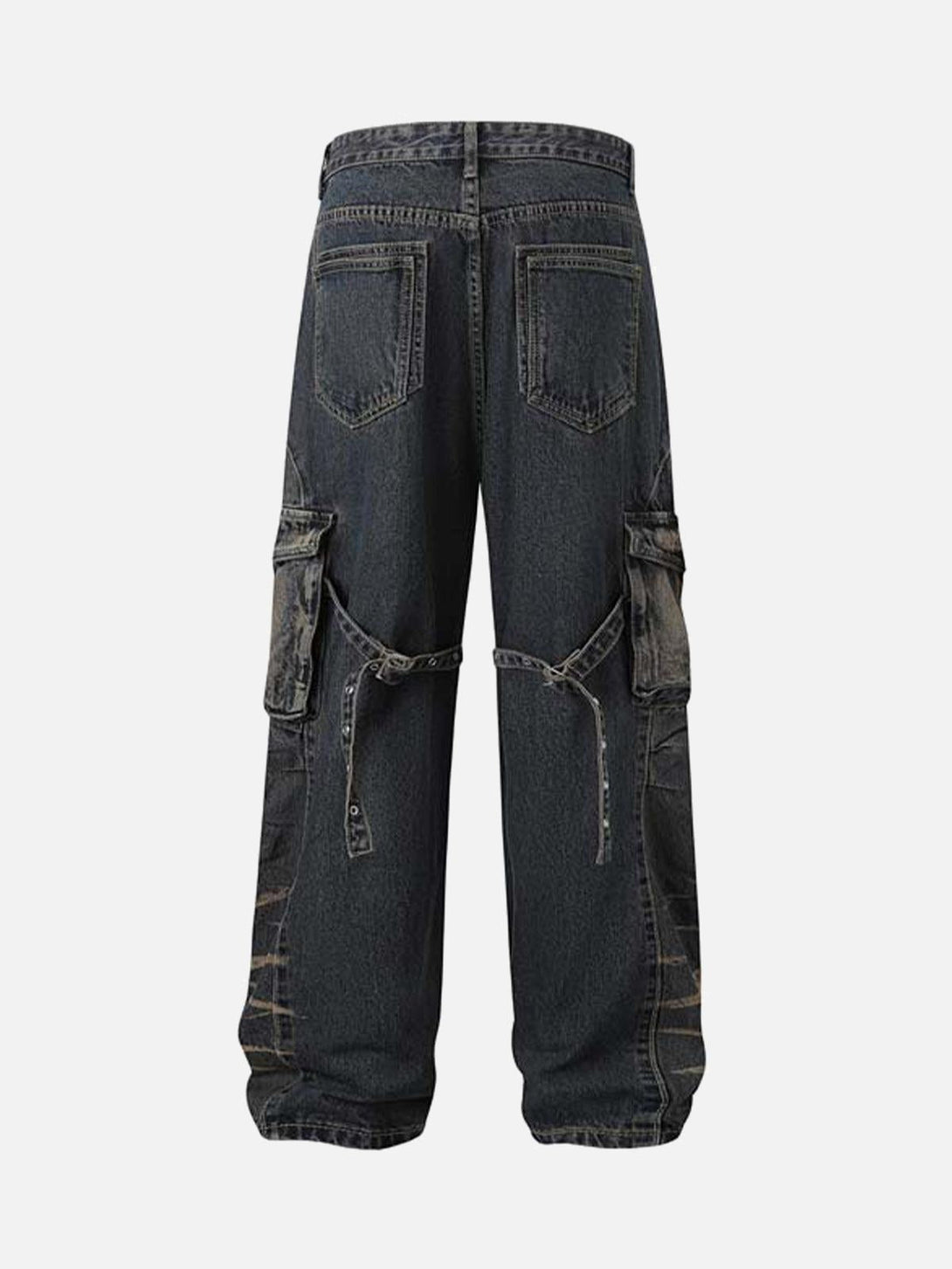 Back view of vintage washed distressed cargo jeans by TALISHKO, showcasing multiple pockets.