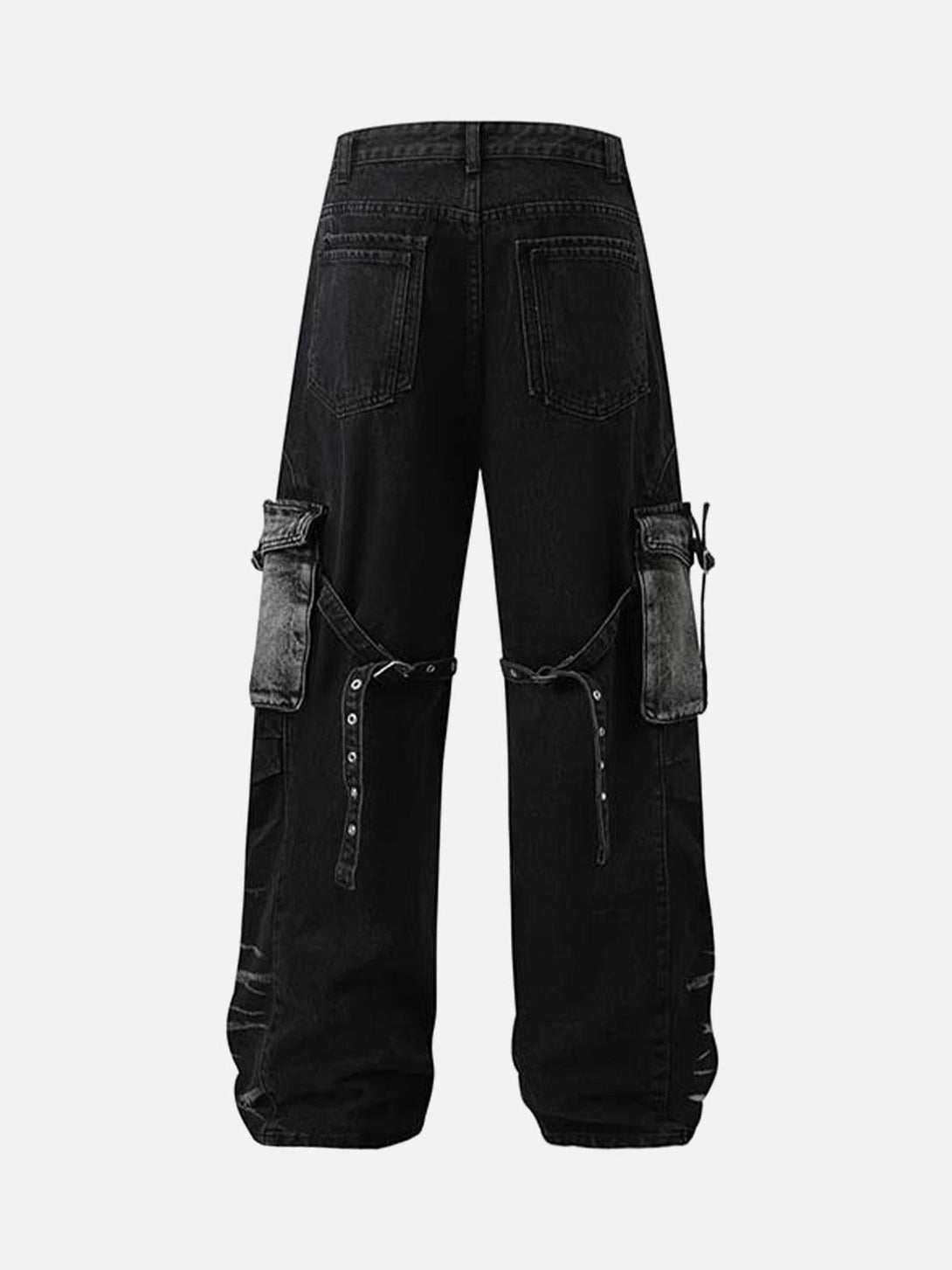 Back view of black cargo jeans by TALISHKO, featuring distressed details and multiple pockets.
