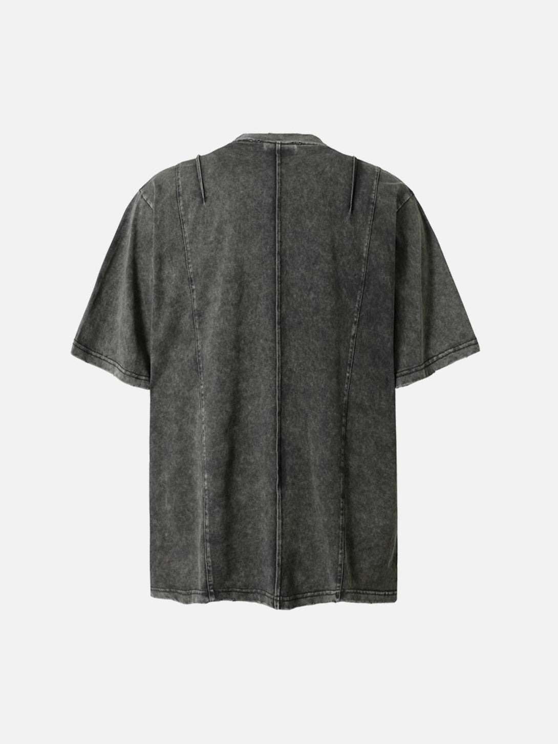 Rear view of TALISHKO's vintage washed T-shirt, showcasing unique seam details and relaxed fit.