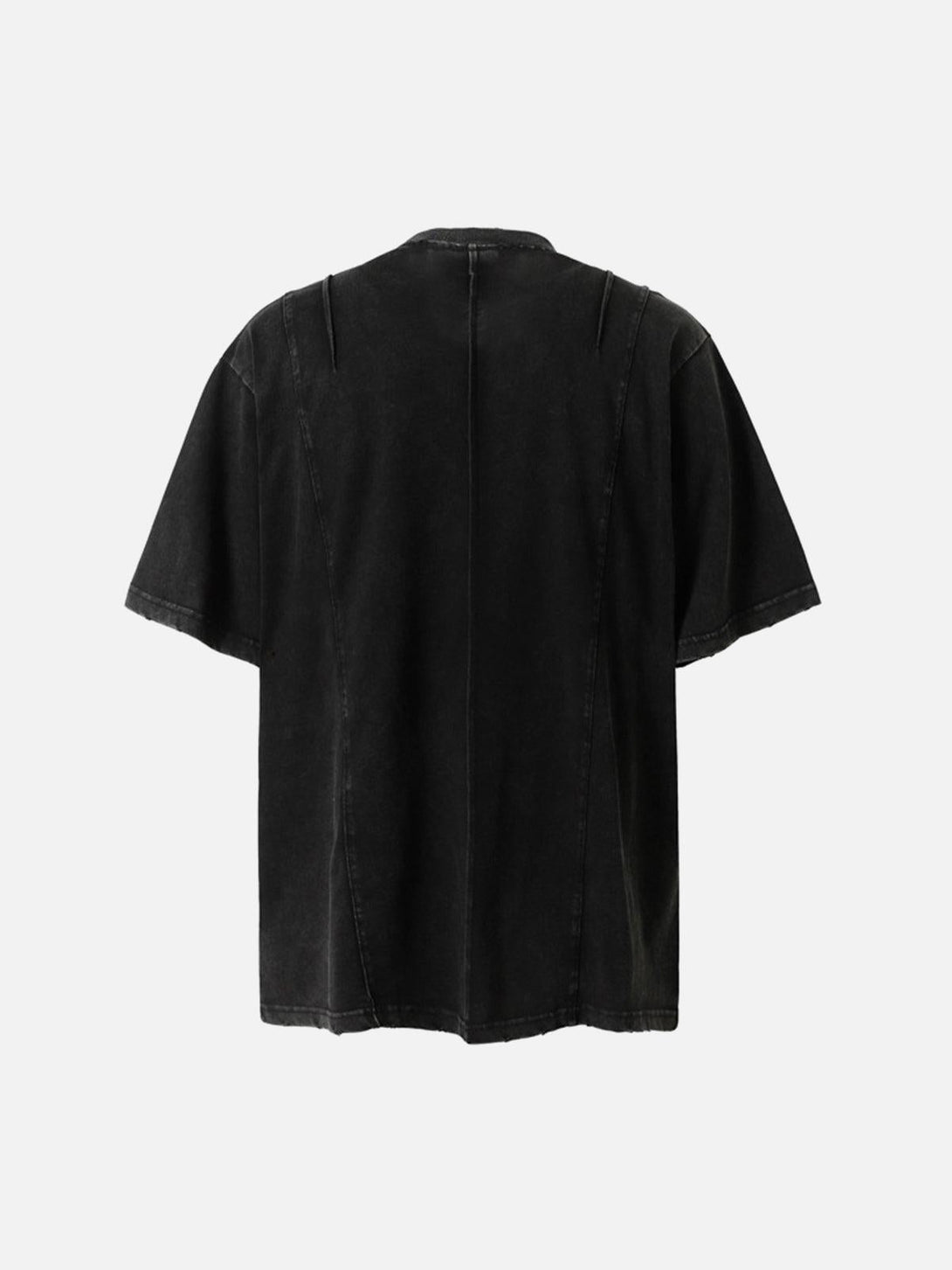 Rear view of TALISHKO's vintage washed T-shirt in black, highlighting seam details for a laid-back vibe.