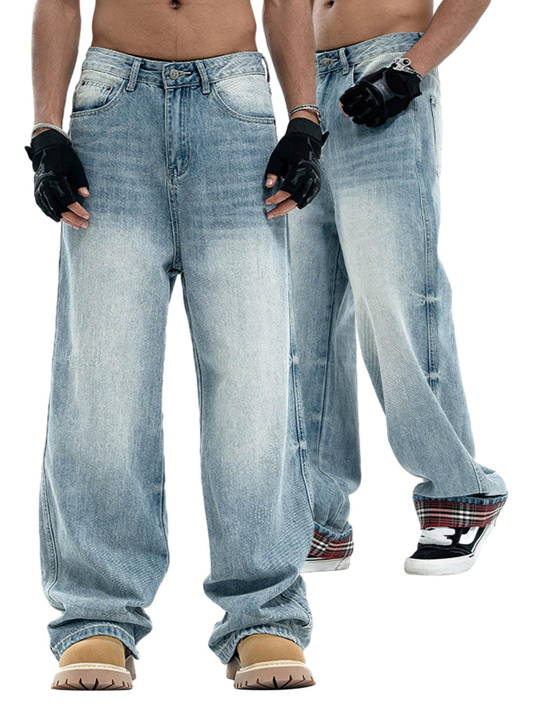 TALISHKO vintage washed baggy jeans with plaid cuffs, styled for a relaxed streetwear look.