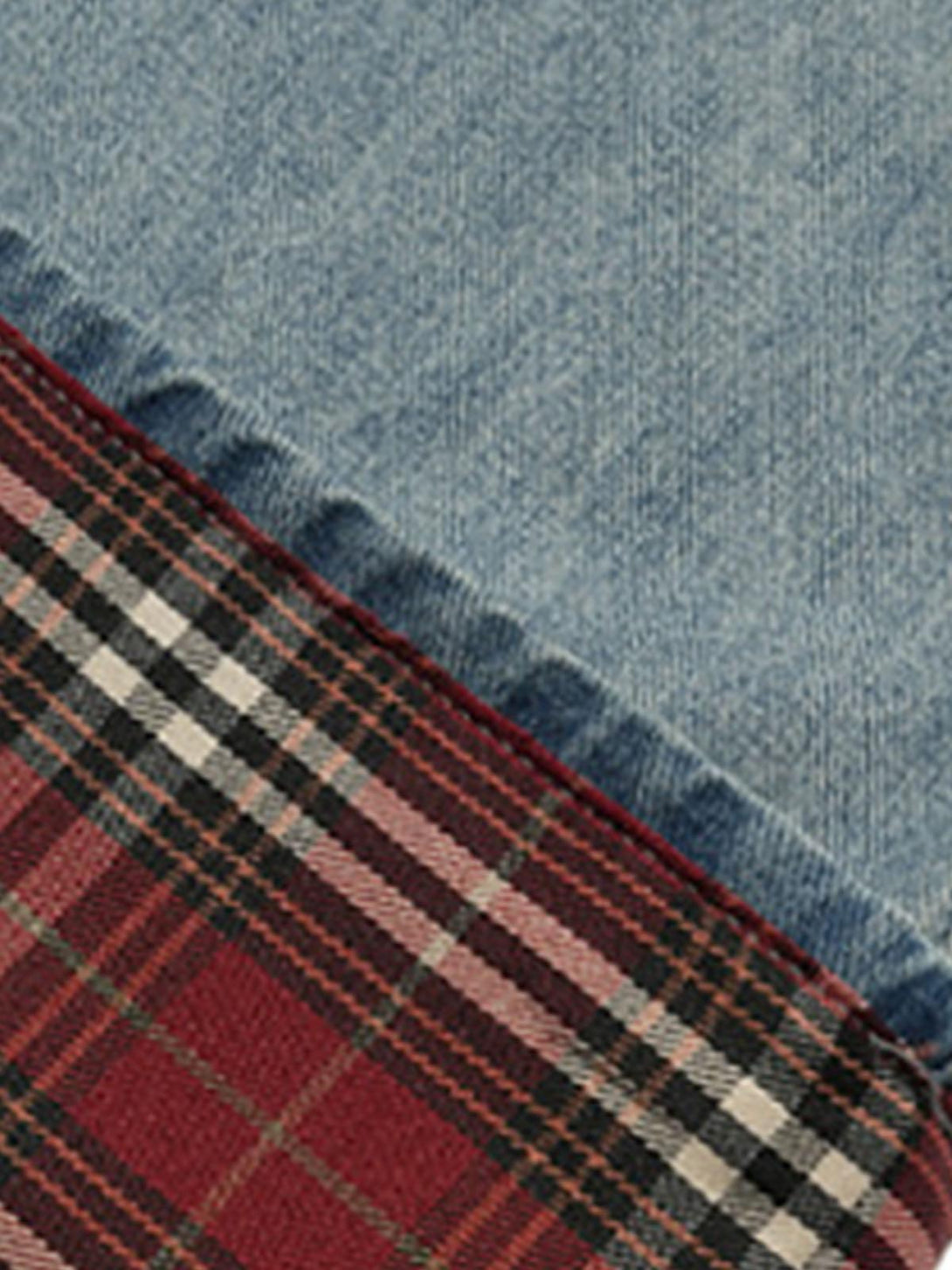 Intricate look at TALISHKO's plaid and denim fabric, showcasing unique vintage style.