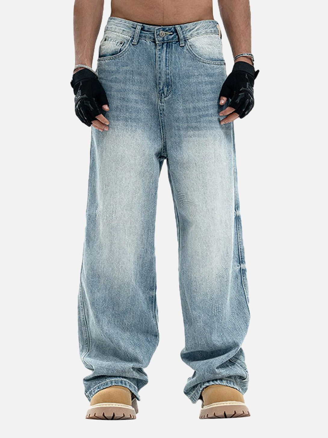 Model wearing TALISHKO vintage washed baggy jeans, showcasing a relaxed and casual fit.