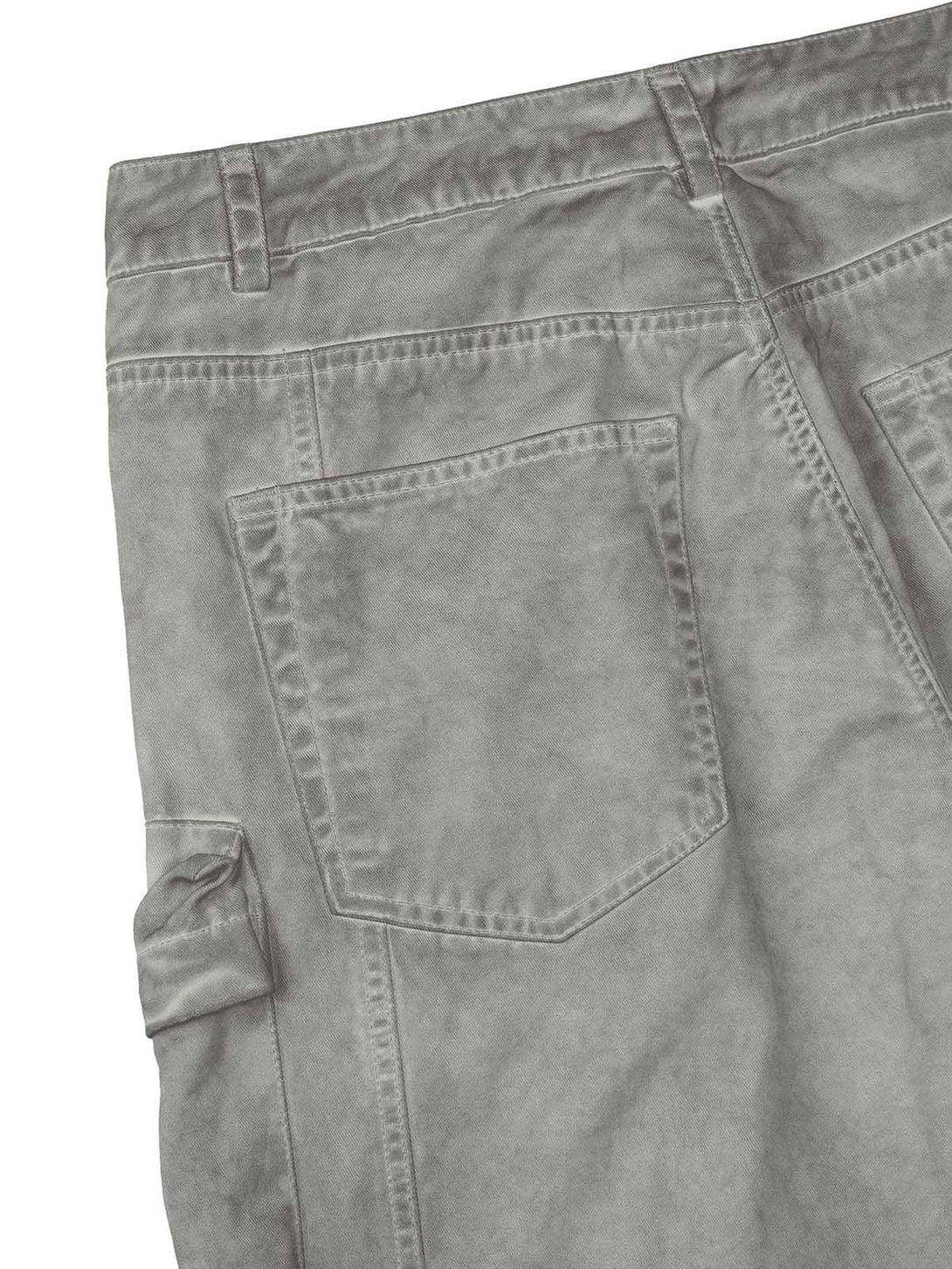 Detailed view of TALISHKO's gray work pants, highlighting the back pocket design.