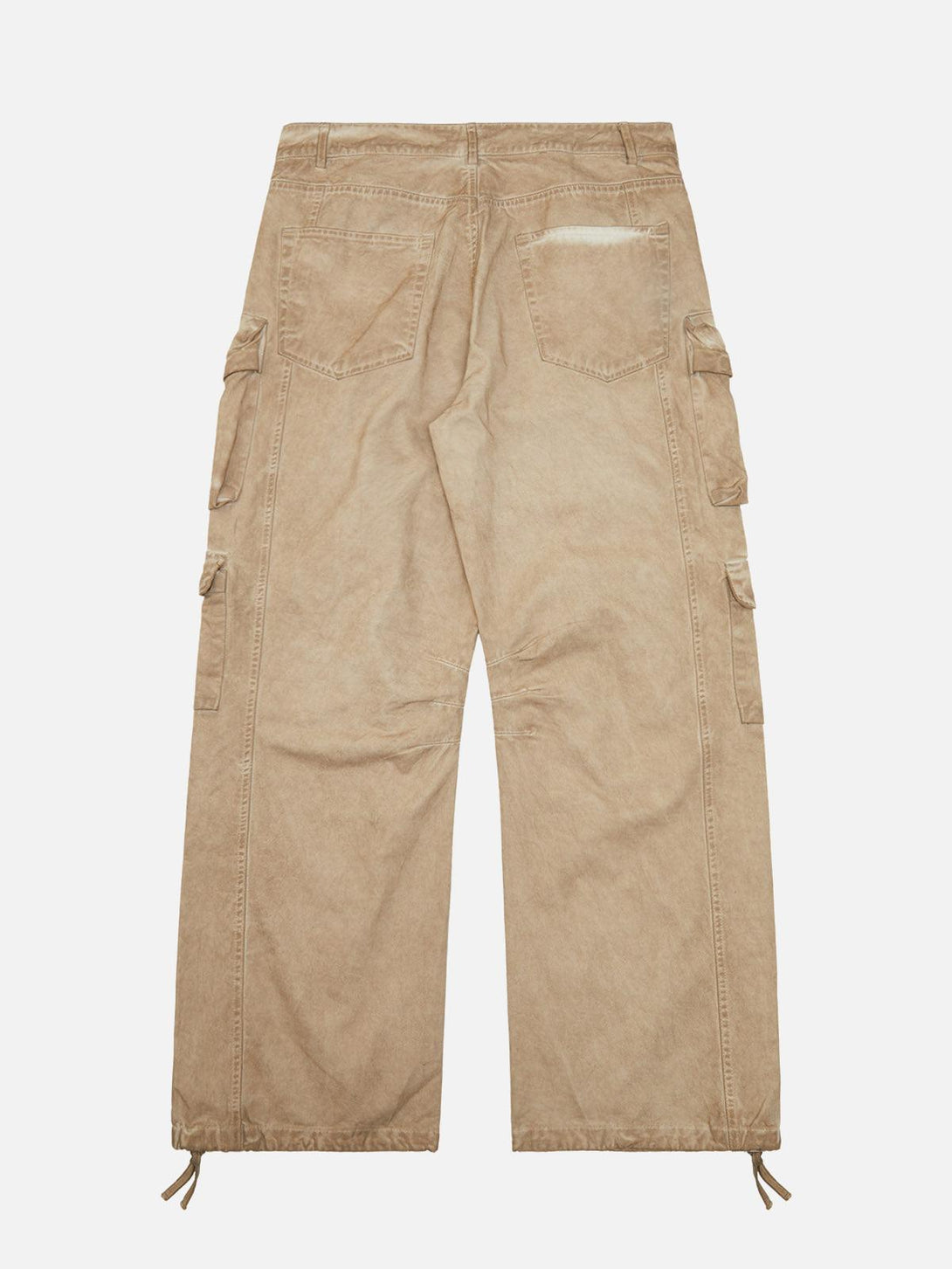 Back view of TALISHKO tan work pants with multiple pockets and drawstring hems for a rugged look.