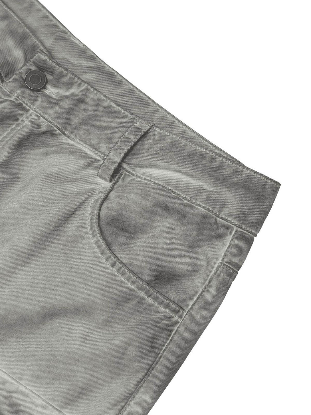 Detailed view of TALISHKO work pants in gray, highlighting pocket and button design.