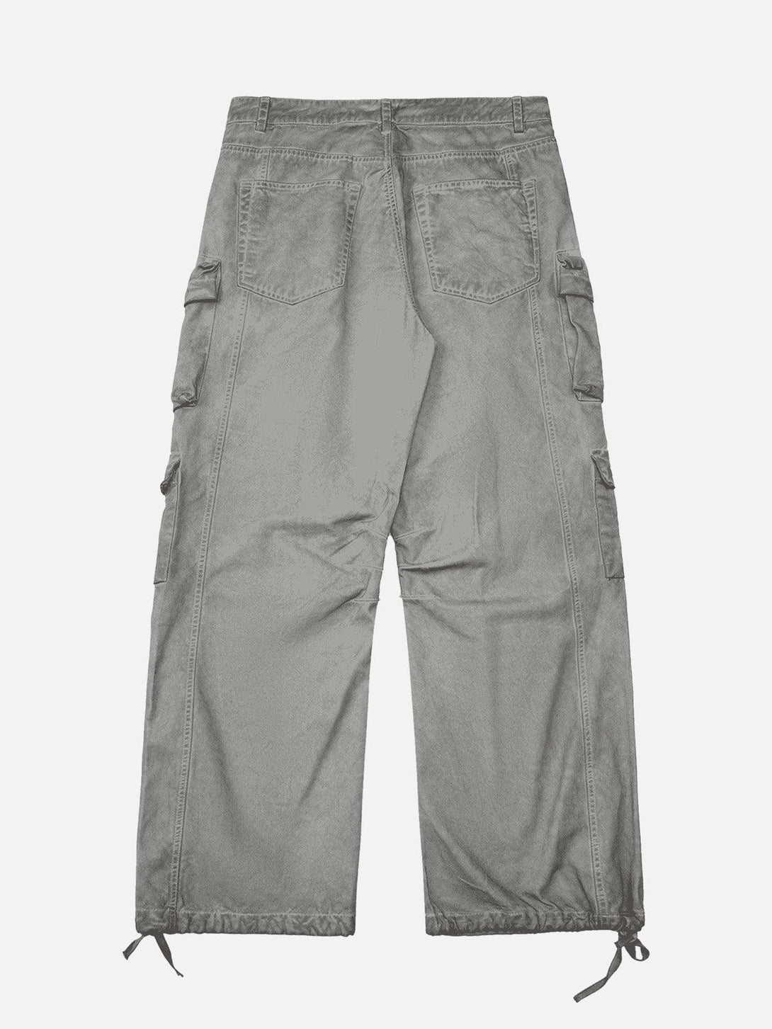 Back view of TALISHKO vintage work pants in gray with multiple pockets and drawstring hems.