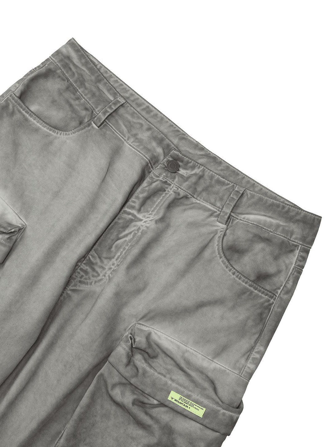 Detailed view of TALISHKO vintage work pants with multi-pocket design in a gray hue.