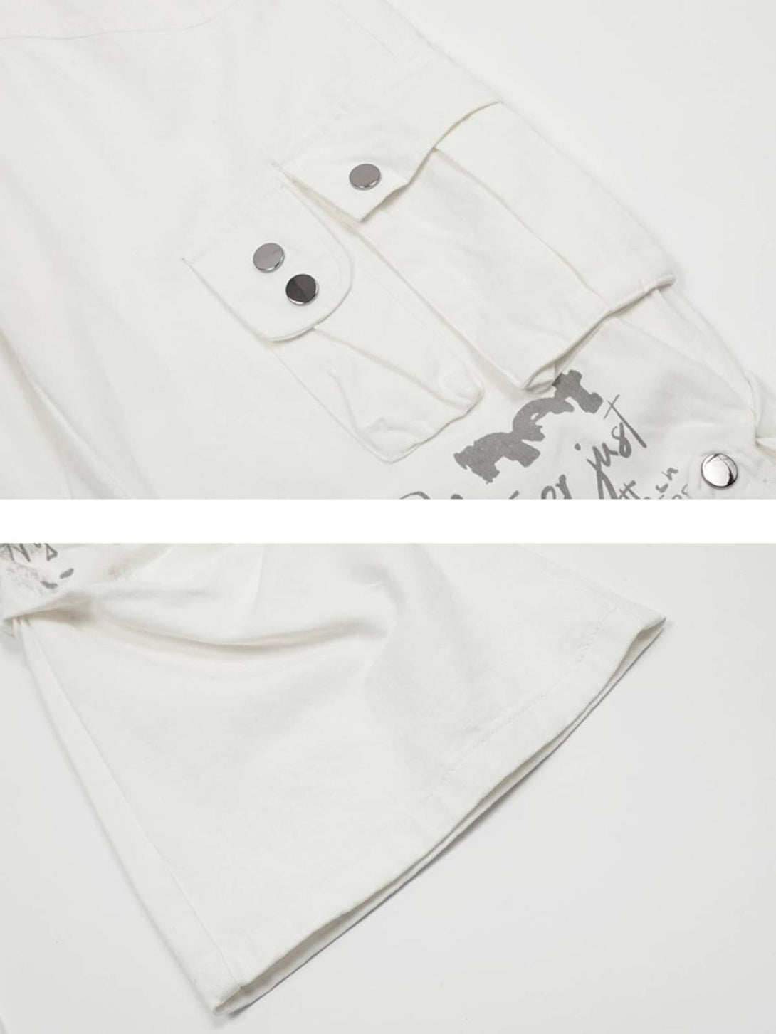 Intricate look at TALISHKO cargo pants with metal buttoned pockets and artistic graphic details.