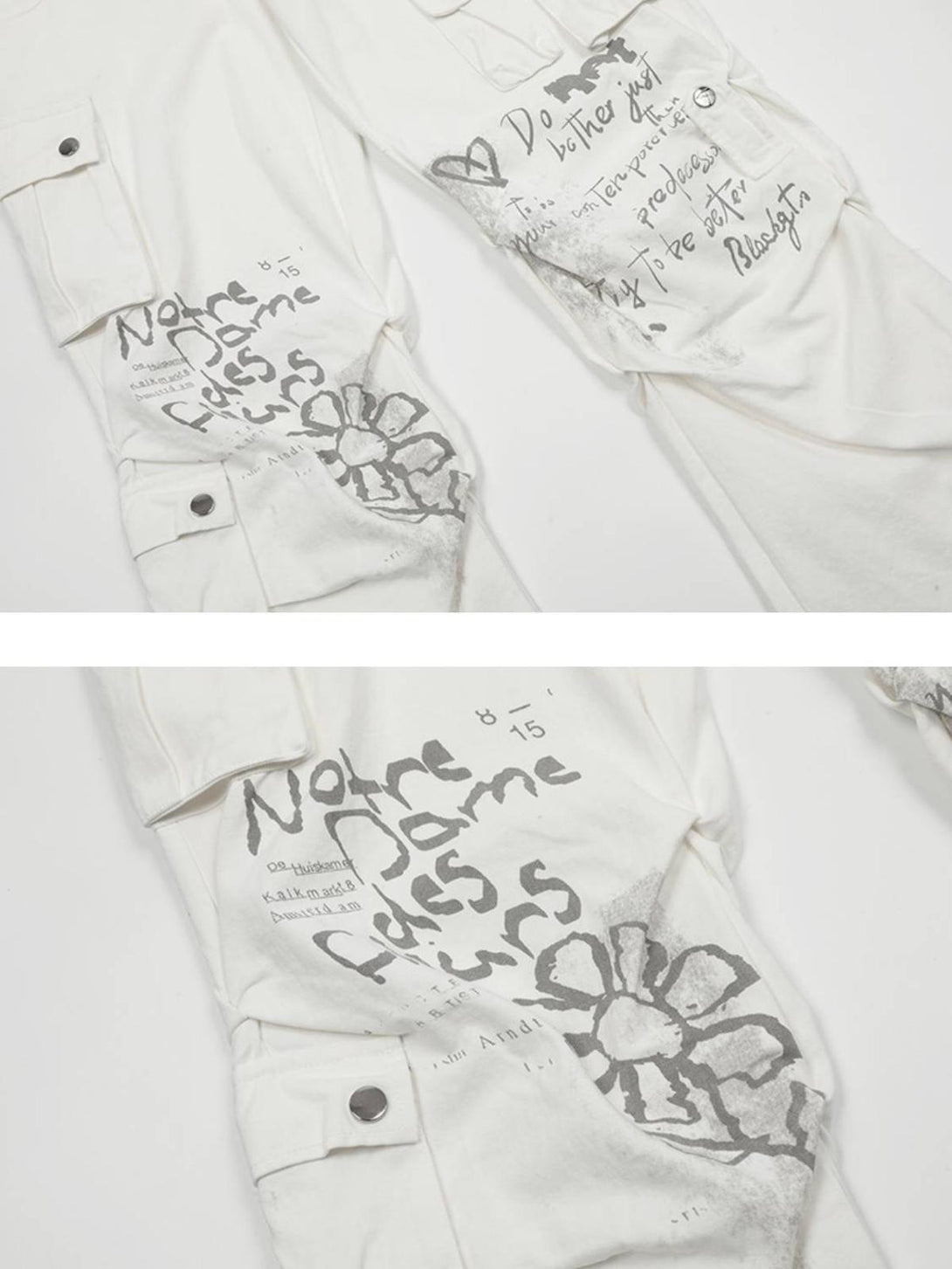 TALISHKO cargo pants feature unique graphic prints and buttoned pockets, capturing a creative vibe.